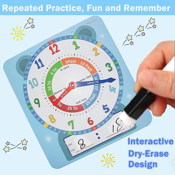 Teaching Clocks for Kids, Large Magnetic Writable Dry Erase Learning Clock with Pen,12" Teaching Demonstration Clock Learning Time to Tell Time for Kids Home School Classroom Supplies-Blue
