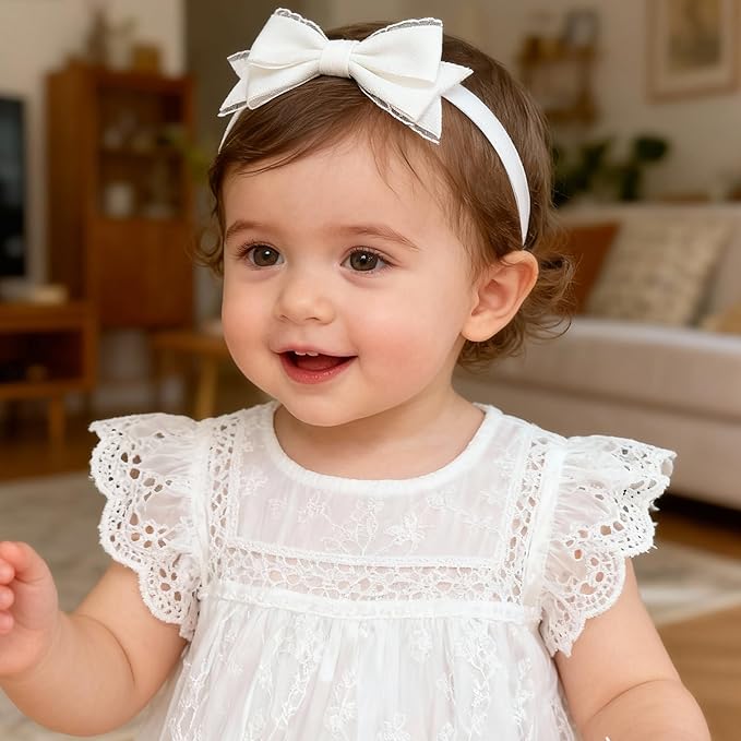 Baby Girls Headband White Bow Lace Headbands Soft Elastic Bowknot Hairbands Cute Hair Accessory for Newborn Kids Infant Toddler Baptism Birthday Party (Double Bow)