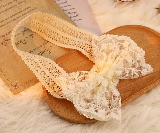 Lace Flower Bow-knot Baby Girls Headband Birthday Infant Wrap Elastic Baby Turban Hairband for Newborn Infant Toddler Kids (Ivory)