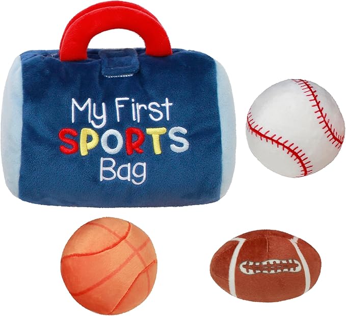 4 Piece Plush My First Sport Bag Play Set with Sensory Toy Balls for Baby, Blue All Sports, 6 inch, Basketball, Baseball, Football