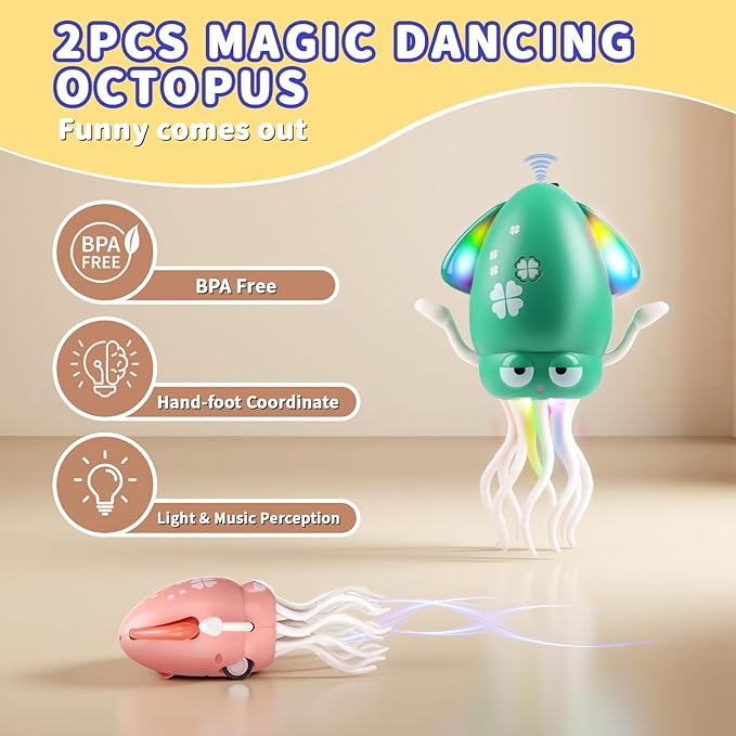 Dancing Octopus Baby Toy, 2Pcs Tummy Time Toys, Rechargeable Crawling Squid with Light/Music/Silent Mode for 3-6 6-12 12-18 36 Months Learning Walking Toddler 1st Birthday Gifts Easter Basket Stuffers