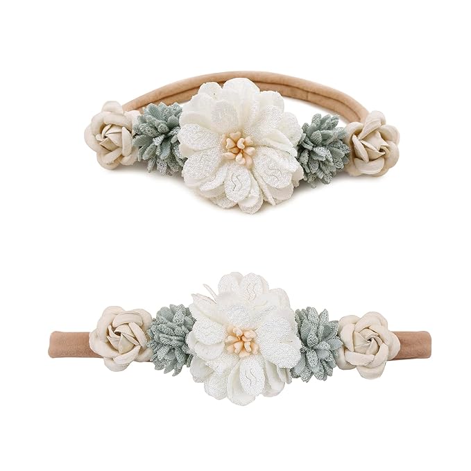 Baby Girl Flower Headbands and Bows, Stretchy Soft Nylon Floral Crown, 3pcs Handmade Hair Accessories for Newborn Infant Toddler