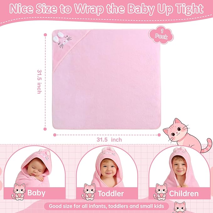 Hooded Baby Towel, Premium Soft Coral Fleece Baby Towel for Baby, Newborns, Toddlers, Infant- Ultra Absorbent, Natural Baby Stuff Towel with Hood for Boys and Girls (Pink Cat)