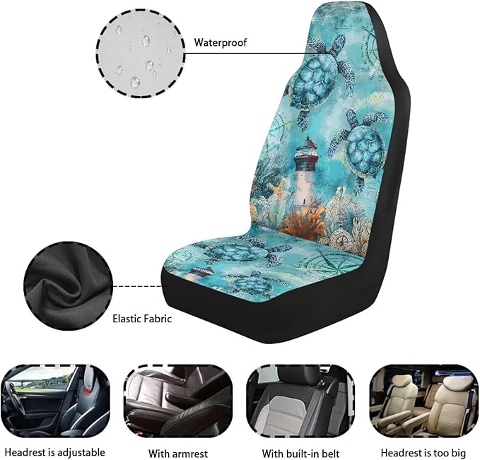 Blue Turtle Car Seat Covers Front Seats Anti-Slip Back Fabric Waterproof Car Seat Cover Easy to Install Stretch Polyester Fabric Cover Universal Fit for Most Vehicle