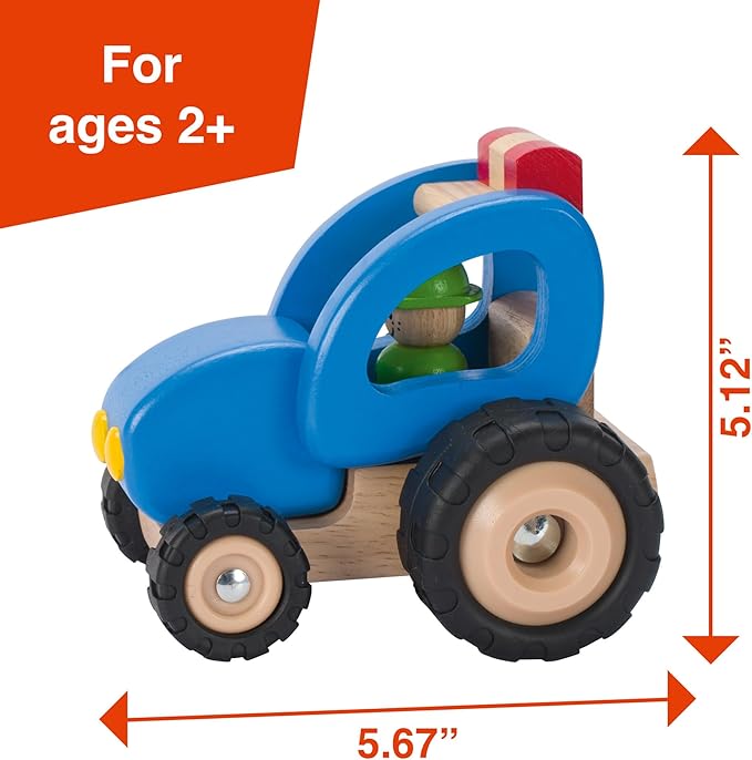 Goki Wooden Tractor Toys for Toddlers 1-3 (Blue) Durable Push Car for Ages 2+ Farm Play Vehicle - Eco-Friendly Wooden Baby Toy - Supports Early Motor Skills - Sustainable Wood Construction