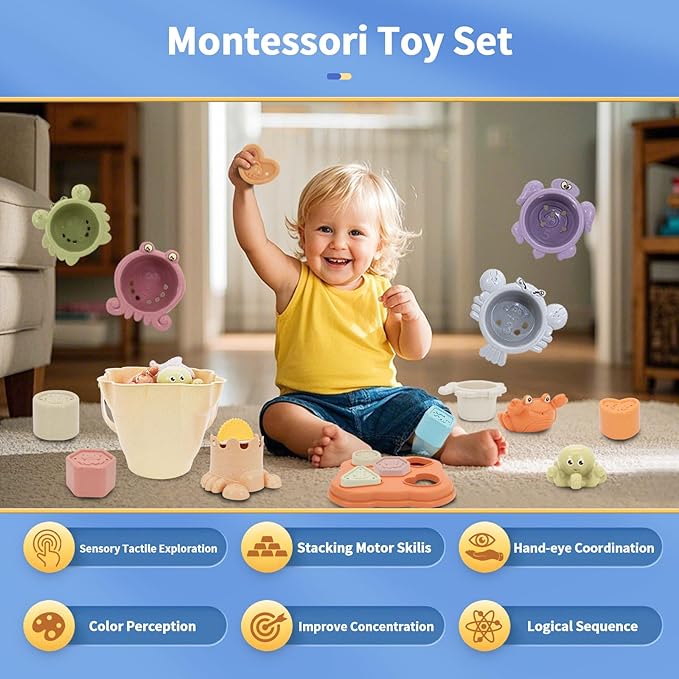 BYFWH Stacking Toy for Toddler 1-3, 4 in 1 Montessori Sensory Toys, Shape Sorter for Sand Bath Play, Infant Learning Color Sorting Toy for Fine Motor Skills, Birthday Gift for Baby Boys Girls 1 2 3