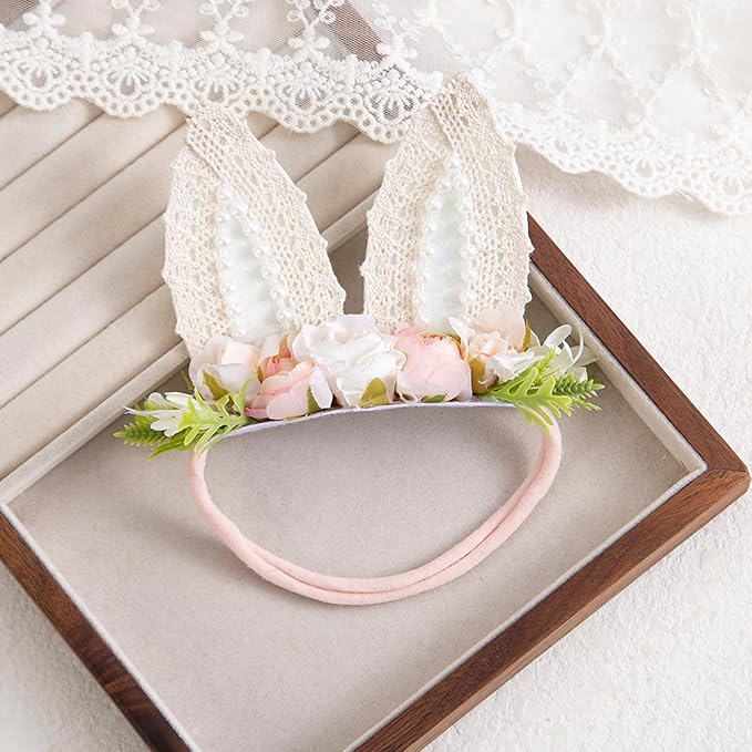 KIDOCHEESE Baby Girl Floral Easter Bunny Ears Headband Rabbit Ears Nylon Hairband for Newborn Infant Toddler Easter Hair Accessories Gift