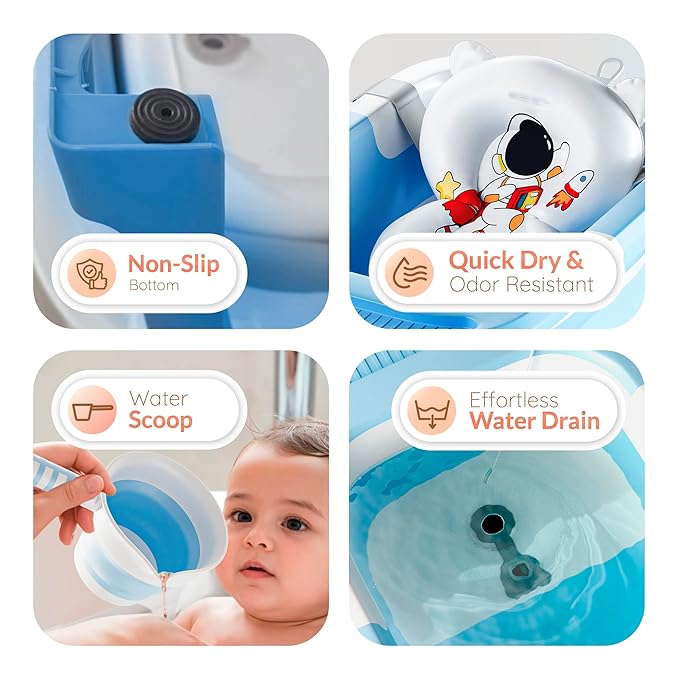 Collapsible Baby Bathtub for Newborn Infant Girl & Boy 0-24 Months, Foldable Portable Bathtub with Thermometer, Heat Sensor, Drain Plug, Water Scoop, Cushion Pillow, Compact Travel Bath Tub for Shower