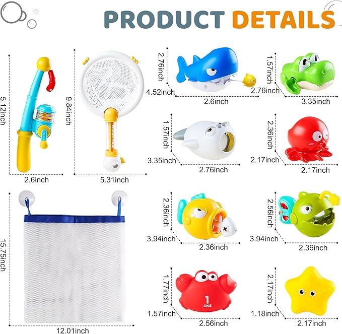Aprilwolf Bath Toys for Kids, Magnetic Fishing Toys with Storage Bag and Light up Star, Wind Up Creatures Baby Bathtub Birthday Gifts for Toddlers 2-4 Boys Girls, 11 Pcs Set