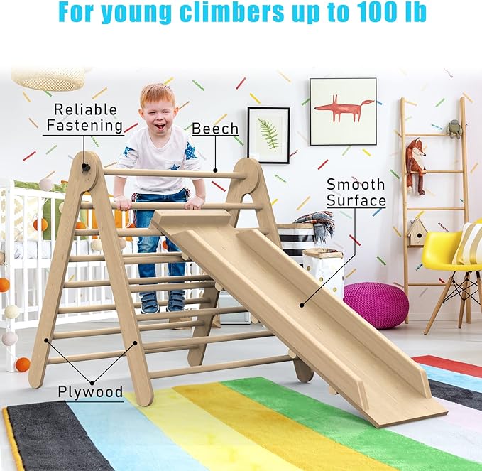 Triangle Climbing Toys, Stable Climbing Toys for Toddlers with Climbing and Sliding Ramps, 2 in 1 Foldable Wooden Activity Triangle Climber, Safety Indoor Kids Climbing Toys for Toddlers