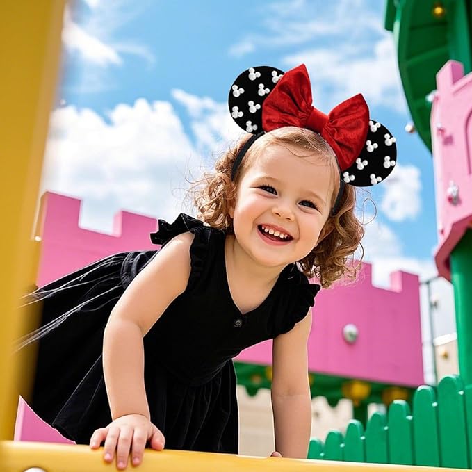 JIAHANG Baby Girls Adjustable Mouse Ear Hair Bow Headband with Beadings, Fashion Velvet Hair Bow Hairband for Infant Toddler School Girls