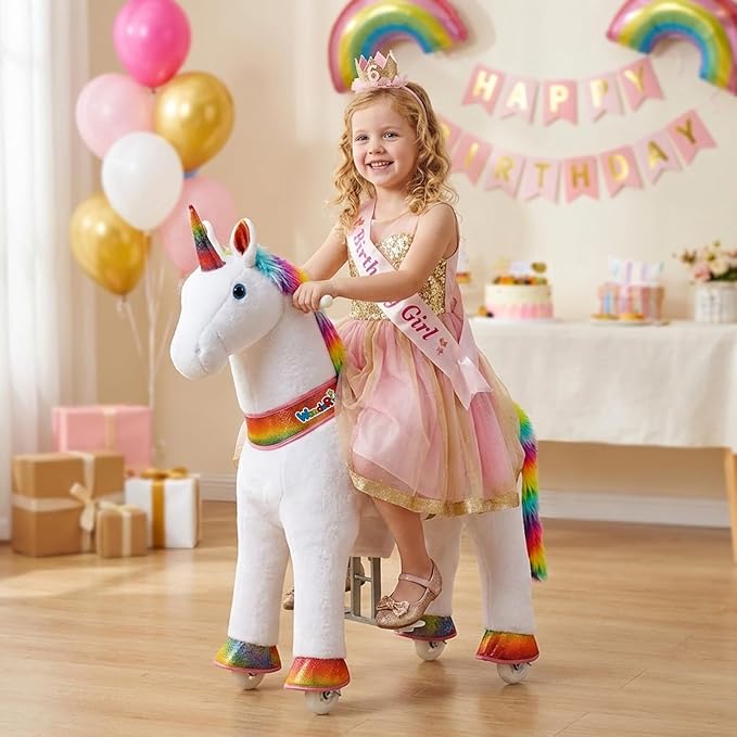 WondeRides Ride on Unicorn Horse Riding Pony Cycle Toys with Rainbow Glowing Wheels Size 4 for Age 4-9, 36 inch Height Riding Horse Unicorn Plush Giddy up Mechanical Toy for Child Boys Girls M432