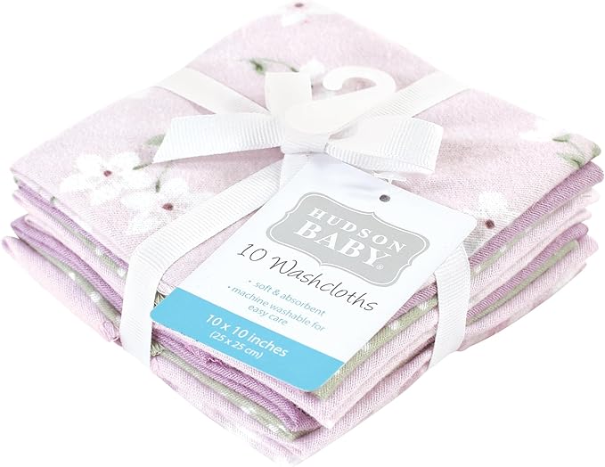 Hudson Baby Unisex Baby Flannel Cotton Washcloths, Purple Dainty Floral 10 Pack, One Size