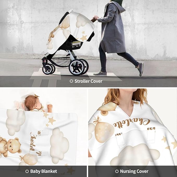 Personalized Cloud with Bear Baby Car Seat Canopy with Name – Custom Nursing Cover, Stroller Seat Cover, Breastfeeding Privacy Blanket, Soft Breathable Infant Cover for Newborn Boy Gift
