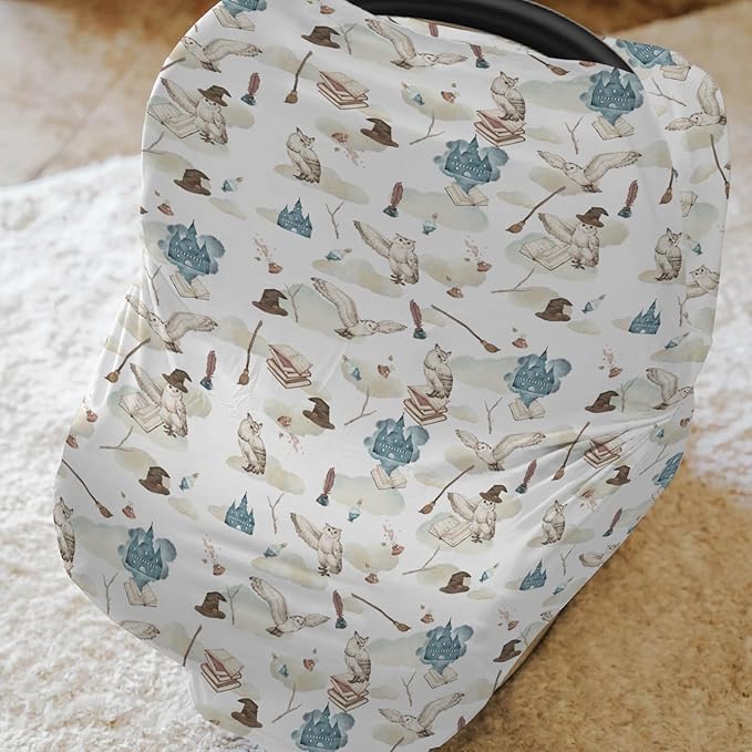 Vintage Wizard Owls Car Seat Cover for Babies Watercolor Witch Hat Books Castle Clouds Stretchy 5-in-1 Cover Adjustable Infant Carseat Canopy Cover Magics Wizard Universe Breathable Nursing Cover-Up