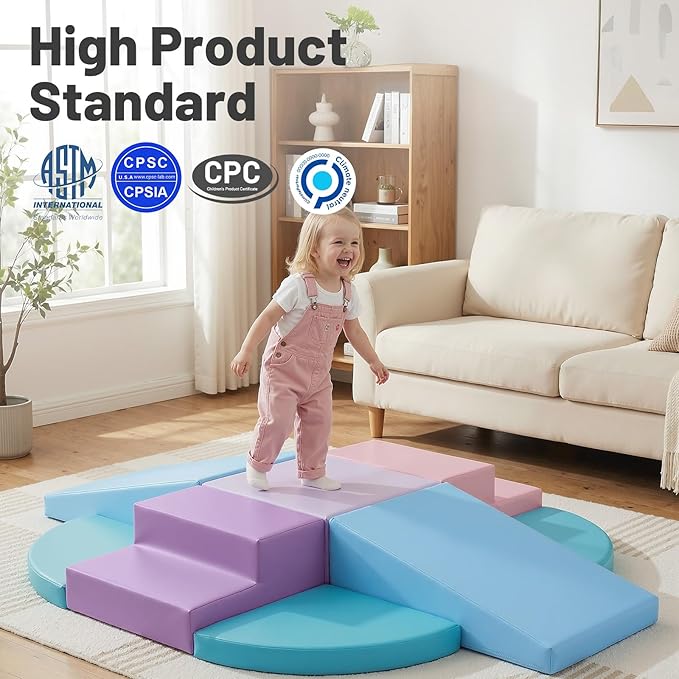 TODIBY 9-Piece Climbing Toys for Toddlers: Soft PU Leather Foam Blocks - Baby Climb and Crawl Activity Blocks - Kids Play Gym Equipment Indoor for Development(Macaroon)