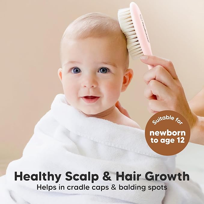 Wooden Baby Hair Brush for Toddler Girls, Boys - Cradle Cap Brush for Babies, Soft Goat Bristles, Perfect Gentle Scalp Newborn Comb for Infant, Girls, Boys, Bath Essentials(Blush, Regular)