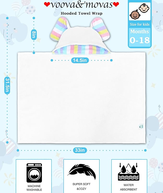 VOOVA & MOVAS Cute Elephant Ears Large Hooded Towel for Baby – 100% Cotton, 420GSM, Thick & Super Absorbent – 33" x 31.5", for 0–18 Months – Newborn, Toddler, Infant Bath Towel, Baby Essentials，White