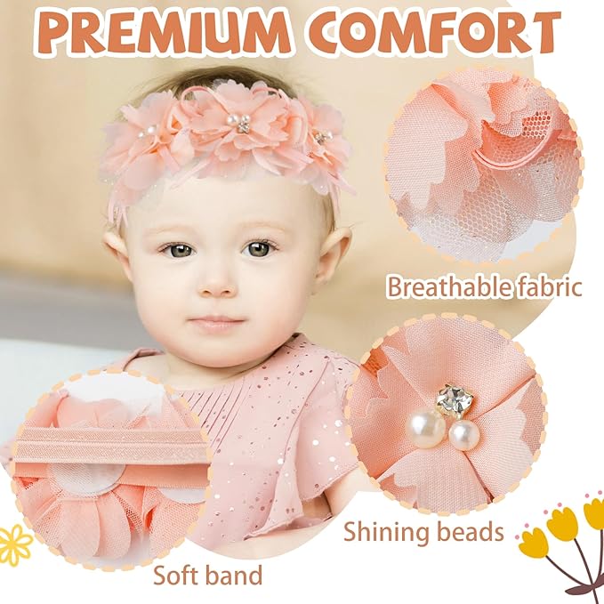 Fmeida Flower Headband for Baby Girl Floral Headbands Crown Baptism Hairband Hair Accessories Peach