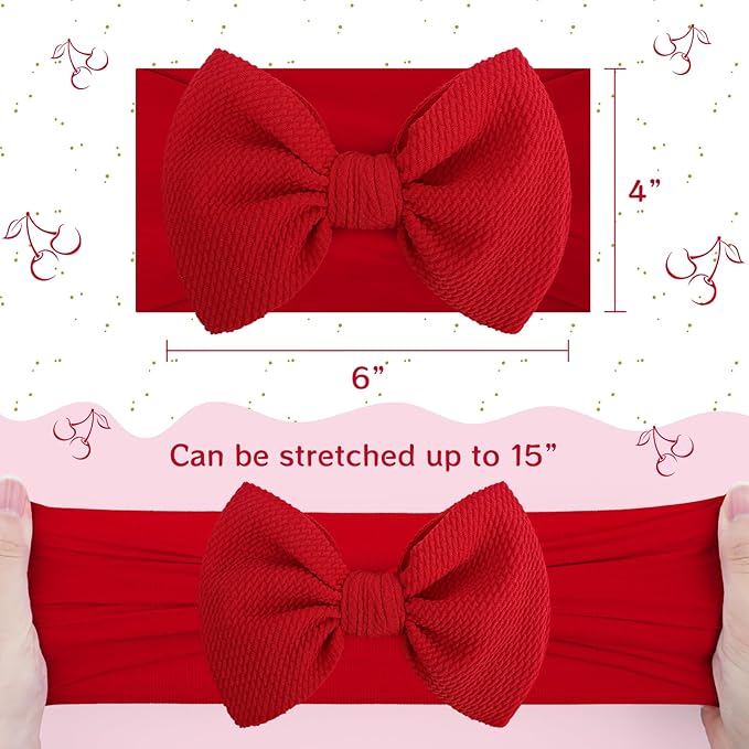 2 Pcs Baby Girl Headbands 6’’ Red Bows Cherry Hair Accessories Summer Outfits for Newborn Infant Toddler Girls Clothes