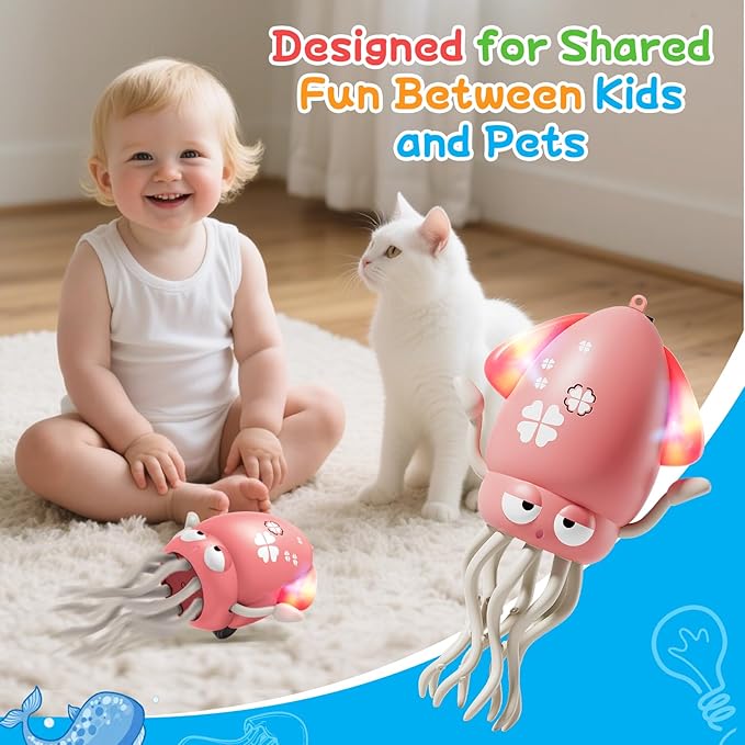 Crawling Dancing Octopus Toy for Kids – Rechargeable Interactive Sensory Toy with LED Lights & Music,Fun Tummy Time Gift for Birthdays & Holidays (Pink)