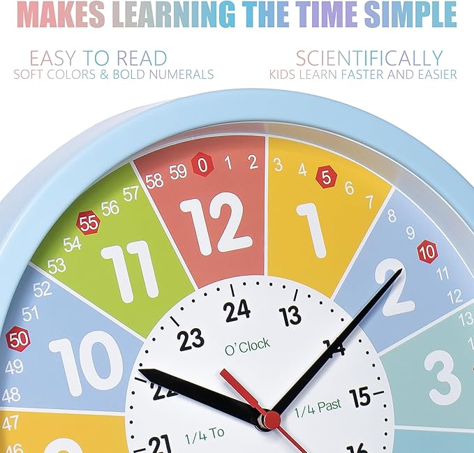Learning Clock for Kids – Silent Classroom Clock Telling The Time Teaching Toddler Boys Analog for Kid's Room Classroom School Playroom, Blue