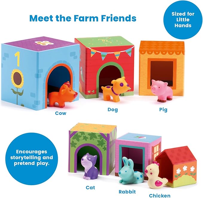DJECO - Topanifarm Blocks - Build a Farm, Wooden Blocks & Animal Toys - Sorting & Stacking - Enhances Fine Motor Skills - Durable Playtime - Cute Design - Preschool Kids 18+ Months