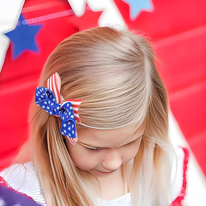 YanJie 4'' 4th of July Bow 2pcs Hair Clips American Flag Hairgrips Girls Patriotic Barrette Red Blue Hair Clips Independence Day Hair Accessories