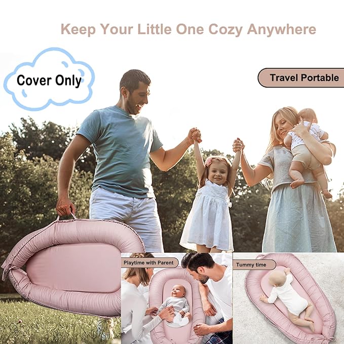 Baby Lounger Cover for Newborns, 100% Cotton Soft Portable Baby Nest Lounger Cover, Breathable Infant Lounger Replacement Cover, Lounger Pillow Cover Fit for Snuggle Me, Cover Only(Pink)
