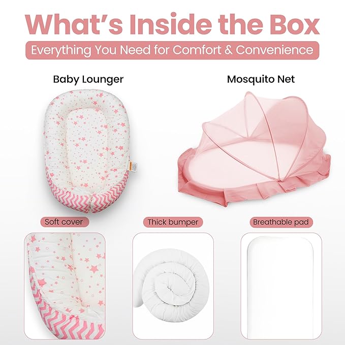 Baby Lounger for Newborn 0-24 Months, with Mosquito Net, Breathable & Soft Baby Nest, Portable & Lightweight (Pink)