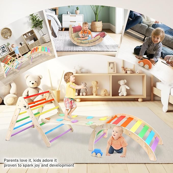 Triangle Climbing Set, 7 in 1 Wooden Climbing Toys for Toddler 18 Months-3 Years Inside, Foldable Colorful Montessori Jungle Gym, Pikler Triangle Toddler Indoor Playground with Cars Arch Ramp Ladder