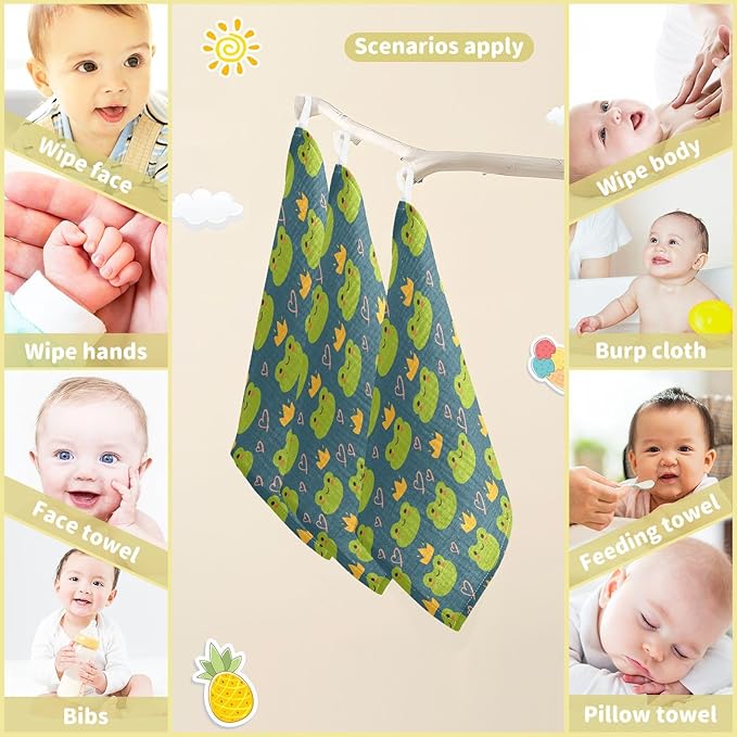 Newborn Face Towel Cute Frog Soft Cotton Baby Washcloths 11.8 x 11.8 Inch Infants Girls Boys Muslin Burp Cloths 5 Pack