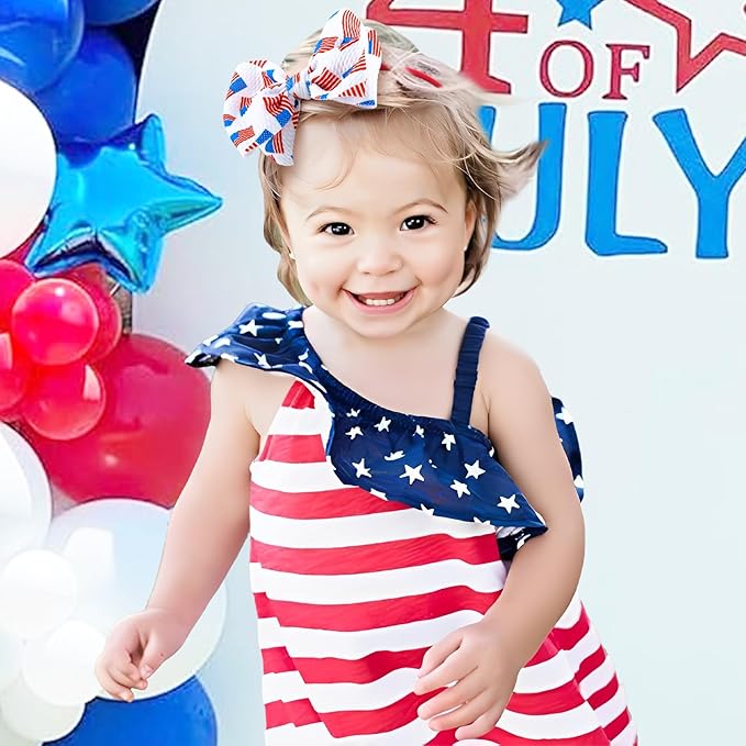 4th of July Baby Headband Set - Patriotic Hair Bows and Nylon Headband for Newborns and Toddler Girls - 4Pcs Red American Flag Design