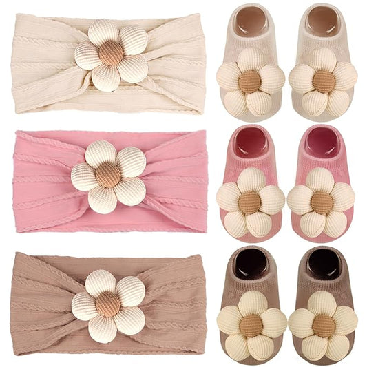 MIUXUESO Baby Girls Headbands and Socks Newborn Flower Hairbands Non-Slip Grips Socks Nylon Hair Accessories Infants and Toddlers (Beige, 6-12 Months)