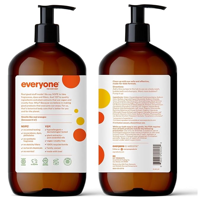 Everyone 3-in-1 Kids Soap, Body Wash, Bubble Bath, Shampoo, 32 Ounce (Pack of 1), Orange Squeeze, made with Essential Oils for Toddlers, tweens and teens