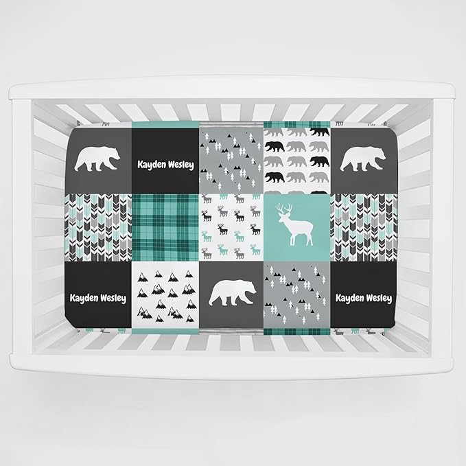 Personalized Pack and Play Sheets with Name, Custom Name Baby Mini Crib Sheets for Baby Boys Girls, Name Pack n Play, Fitted Sheet with Name, Soft and Breathable Material (Woodland Deer Bear)