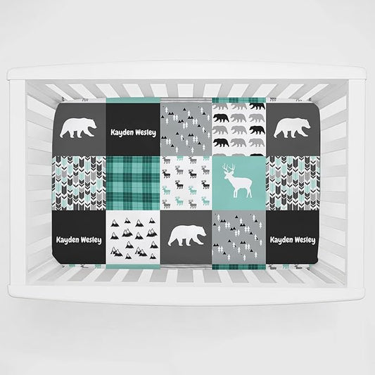 Personalized Pack and Play Sheets with Name, Custom Name Baby Mini Crib Sheets for Baby Boys Girls, Name Pack n Play, Fitted Sheet with Name, Soft and Breathable Material (Woodland Deer Bear)