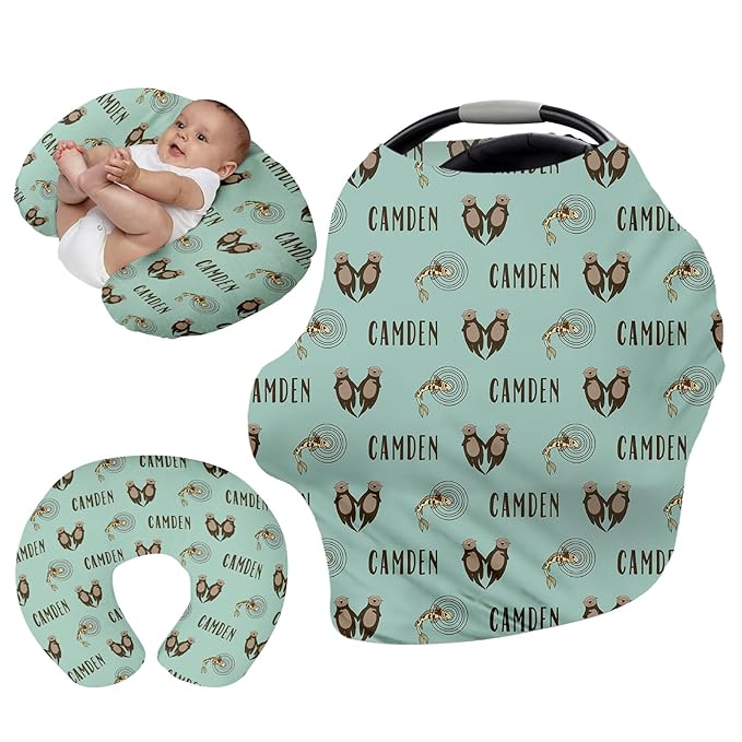 Personalised Infant Car Seat for New Parents - Baby Carseat Cover, Breast Feeding Cover, Green Otter Print Multi-Function pad for Boys Girls Toddlers - Christmas Gifts for Parent Babies(27"x29")