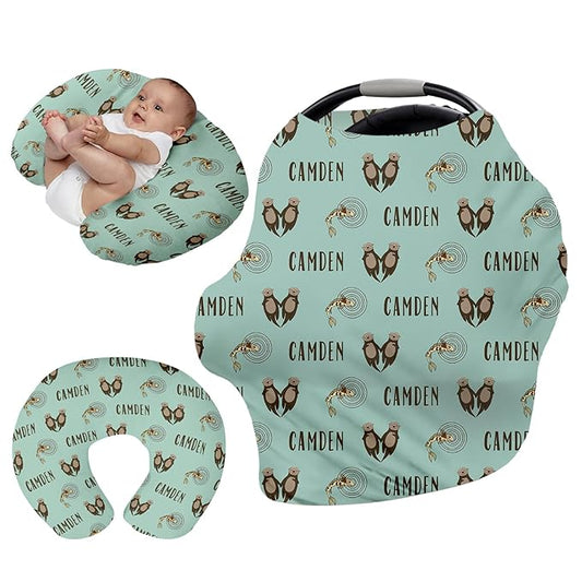 Personalised Infant Car Seat for New Parents - Baby Carseat Cover, Breast Feeding Cover, Green Otter Print Multi-Function pad for Boys Girls Toddlers - Christmas Gifts for Parent Babies(27"x29")