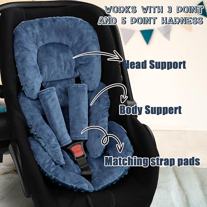 Infant Car Seat Insert Head and Body Support, GFU Reversible Newborn Insert for Carseat with Strap Pads, Soft Stroller Cushion Pillow Insert for Boys and Girls, Fits for Stroller, Swing, Blue