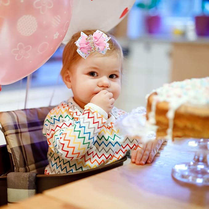 Birthday Hair Bow for Baby Girls - 2Pc Pink Sprinkle Bow Hair headband for 1st Birthday Glitter Ice Cream Baby Bow Party Decorations for Girls Toddlers Hair Accessories (Pink-1 Years-headbands)