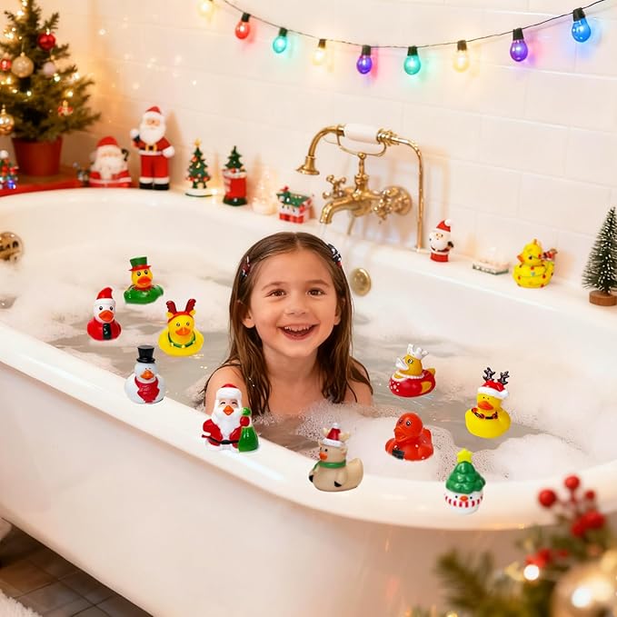 48PCS Christmas Rubber Ducks in Bulk Mini Rubber Ducks for Jeeps Christmas Ducks Basket Stuffers Christmas Ducks for Kids Baby Bath Toys Christmas Party