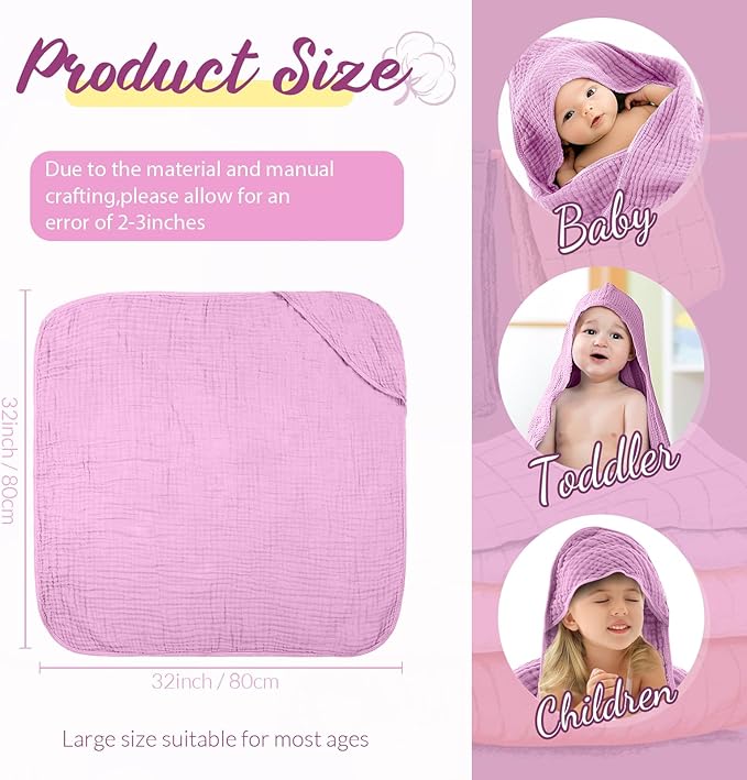 VitalCozy 6 Pcs Baby Muslin Hooded Bath Towels and Washcloths, Muslin Hooded Baby Towels Absorbent Blankets for Gift Newborn Infant Shower (White,Pink)