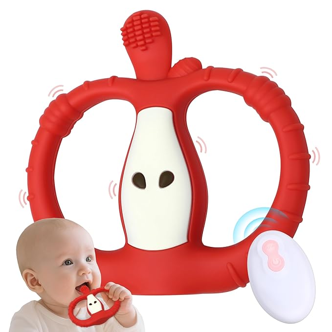 Vibrating Teether for Baby with Remote Control - Chewy Sensory Toy for Teething & Autism, 10-Speed Vibration Modes, USB Rechargeable, Food Grade Silicone Teether for Sensory Seekers (Red)