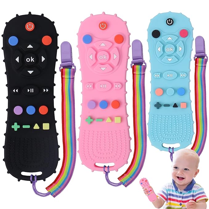 BEBECAN 3 Pack Silicone Baby Remote Teether Chew Toy for Infant TV Teething Remote Control Shape Play Remotes for Babies 3-24 Months (Black+Blue+Pink)