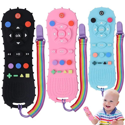 BEBECAN 3 Pack Silicone Baby Remote Teether Chew Toy for Infant TV Teething Remote Control Shape Play Remotes for Babies 3-24 Months (Black+Blue+Pink)