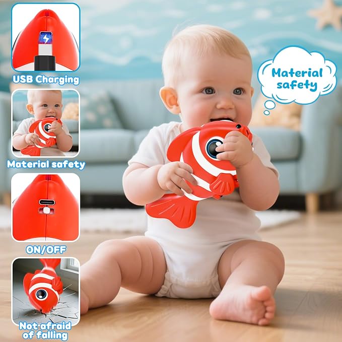 Crawling Fish Baby Toys, Novelty Tummy Time Toys for Babies 6-12 Months, Magic Swinging Fish Crawling Toys for Infant Toddler Learning Crawl Walking Dancing Easter Basket Stuffers 1st Birthday Gift
