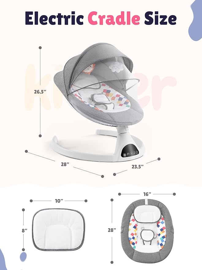 Baby Swing for Infants - Electric Portable Bluetooth Baby Rocker with 5 Speeds, 5-Point Harness, Remote Control, Timing & Music Speaker Max 20 Lbs (Gray)