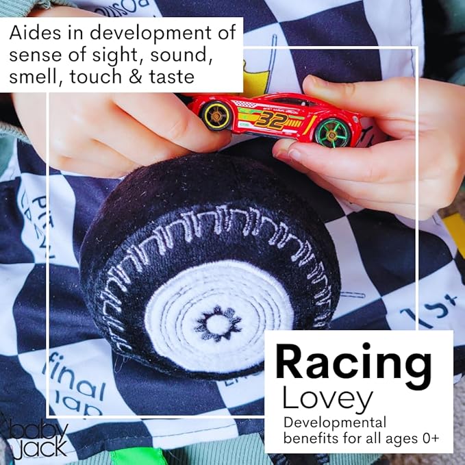 Baby Jack & Co 10x10” Racing Sports Lovey Sensory Plush Blanket - Tag Toy for Babies - Baby Stroller Toys - Learn Shapes, Letters & Colors - MVP Baby Tire Toy & Baby Sports Gift w/Stroller Clip