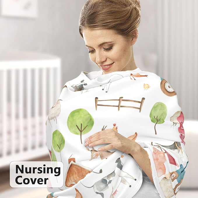 Farm Carseat Covers Baby, Winter Carseat Cover for Baby, Minky Baby Car Seat Cover for Boy & Girl, Peekaboo Opening Car Seat Canopy for Newborn, Multi Use Mom Nursing Cover, Farm Animals